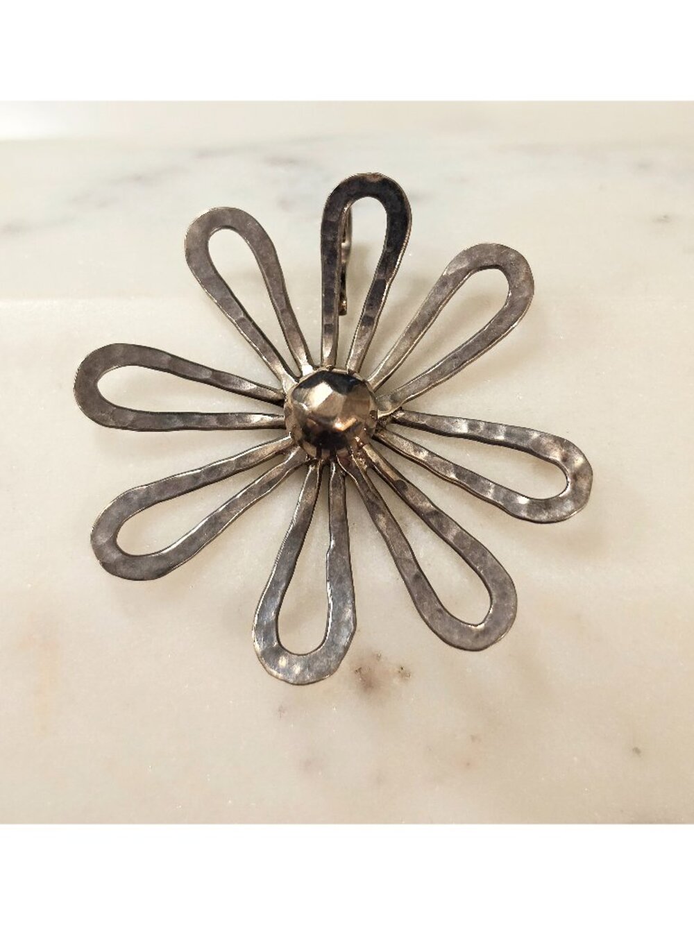 Rare Vintage Amparo Mexico Sterling Silver Large Flower Hammered Pendant